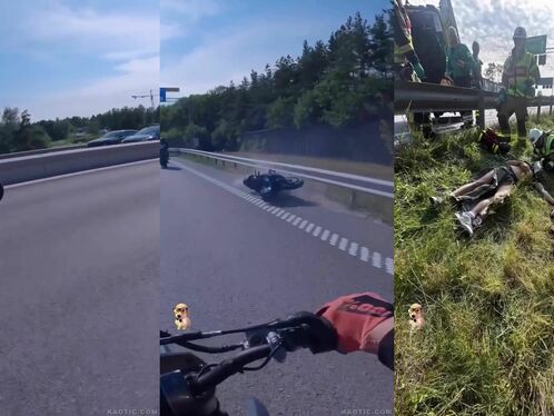 Motorcyclist hit by truck and survives a fall