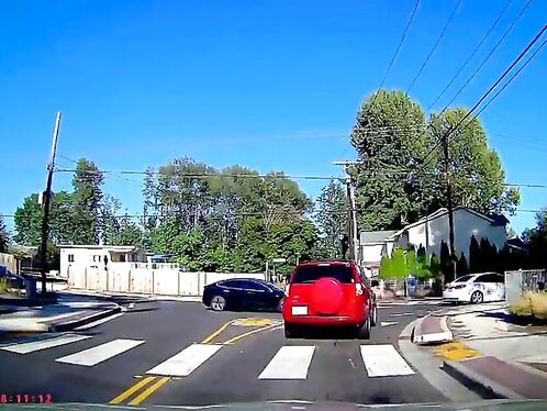 Red car skips stop sign and almost causes accident