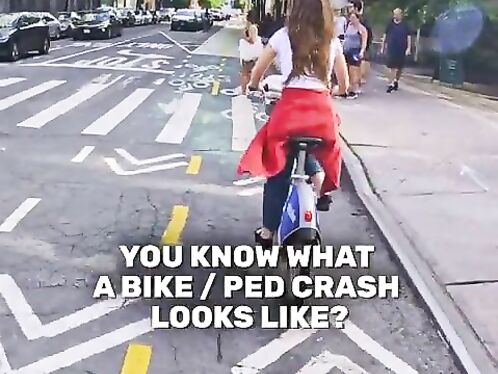 Woman rides scooter in busy bike lane with pedestrians around