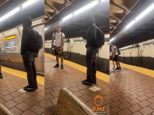 Man with knife behaves strangely on a subway platform