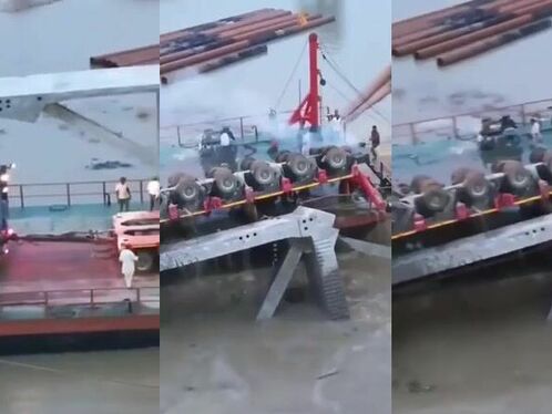 Massive waves crash over a crowded ferry deck