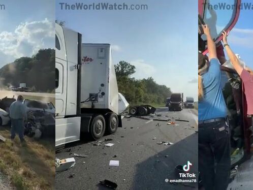 Men try to pry open a truck door