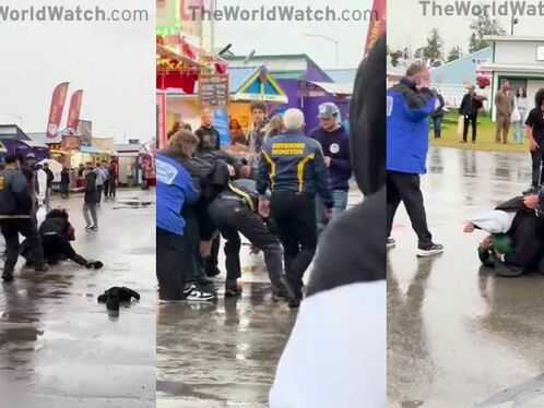 Security guards tackle and arrest disruptive man at event