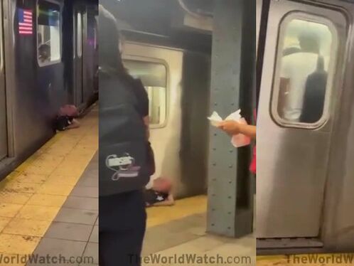 Man sleeps on subway floor while train arrives