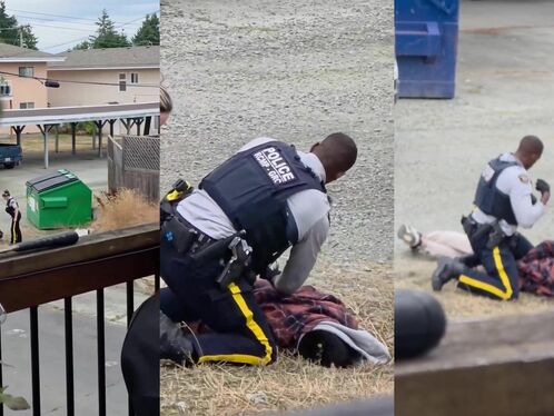 Cops restrain and search a man on a sidewalk