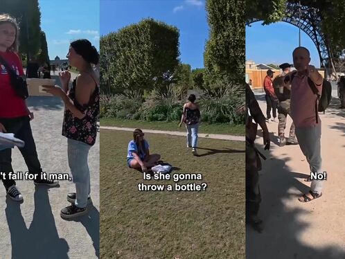 Man playfully pretends to punch a charity person