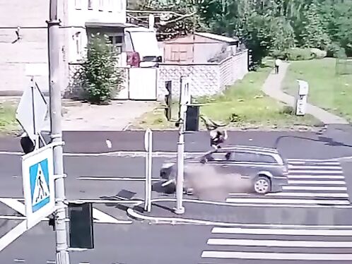 Girl rides scooter with headphones on